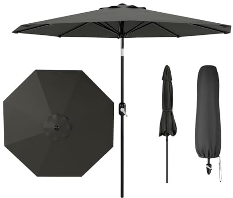 Garvee 2.7m Garden Parasol Umbrella with Cover, Patio Umbrella with Crank & Tilt, 8 Ribs UV50+ Outdoor Table Market Patio Umbrella Sun Shade, Steel Frame Tilting Parasol for Patio Backyard Beach