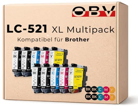 OBV LC521 Druckerpatronen Kompatibel für Brother LC-521 Tintenpatronen DCP-J1260w DCP-J1310dw DCP-J1360dw DCP-J1460dw ca. 500 Seiten 10er Sparset (4X Schwarz, 2X Cyan, 2X Magenta, 2X Gelb)