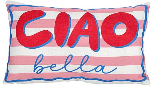 Cepewa Kissen Ciao Bella | 50x30x10cm rosa rot blau Polyester 280g Polyesterfüllung Reißverschluss | Kuschelkissen gestreift beiseitig Bedruckt zum Verschenken (1 x Kissen Ciao Bella)