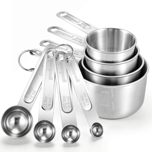 YC Kitchen 8Pcs Measuring Cups and Spoons Set Stainless Steel Baking Tools | Cup Measurements Set with Engraved Markings, Detachable Design, Measuring Cups for Baking, Cooking & Coffee