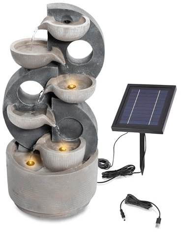 esotec Solarbrunnen Gartenbrunnen Wasserspiel Granitdesign Akku LED 101380 | Solar Kaskadenbrunnen, 3Wp Modul, Li-Ion Akku, USB-Ladung, Timer, LED warmweiß, Dämmerungssensor, Polyresin Steinoptik, H49cm