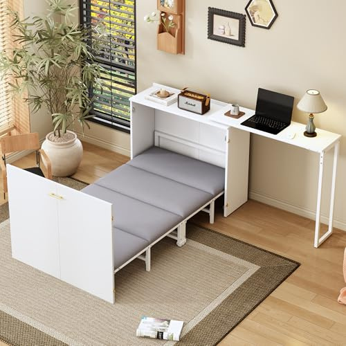 Ktipm Cama Individual Plegable 90x200 cm con Escritorio Giratorio y Colchón, Cama Abatible para Espacio Reducido/Habitación/Oficina en Casa, Camas Abatibles Individuales, Blanco