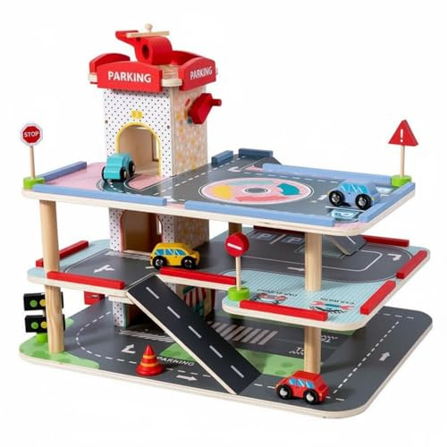 Pegciuho Parking Enfants Jouet Garage en Bois Multi-Niveaux Voiture Hélicoptère Ascenseur Fonction Éducative Favorisant Imagination Adapté pour Jeux Sociaux École Maison