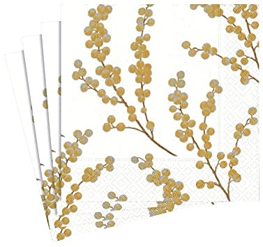Entertaining with Caspari - Tovaglioli di carta, motivo rami, colore: bianco e oro, confezione da 20
