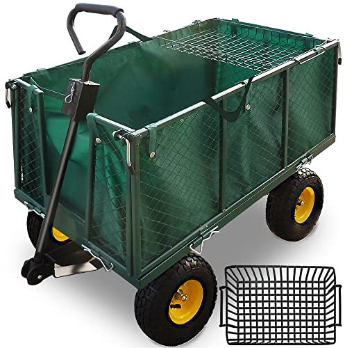 Gardebruk® Heavy Duty Metal 4 Wheel Garden Trolley with Pull Handle | 550kg Load Foldable Wagon With Removable Tarpaulin | Gardening Equipment Transport Handcart Beach Shopping | Green
