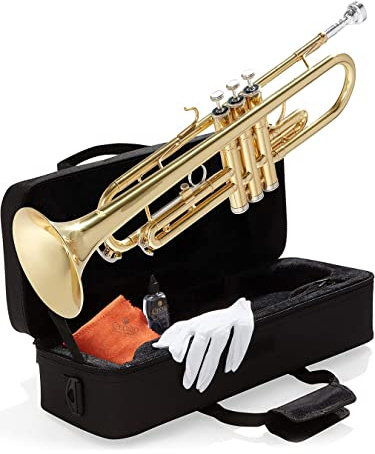 Mendini By Cecilio Bb Standard Trumpet Set for Beginners - Brass Trumpet Instrument with Hard Case, 7C Mouthpiece, Valve Oil, Cleaning Cloth, Gloves (Gold)