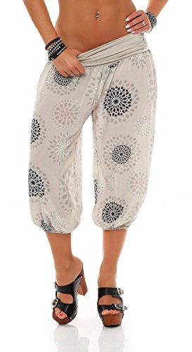 Malito - Damen Haremshose kurz mit Print - Pumphose aus Baumwolle - Leichte 3/4 Stoffhose - Pluderhose zum Tanzen, Chillen & Yoga - knielange Capri Hose 7182 (Beige)