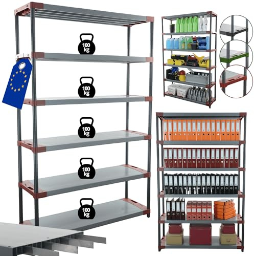 MODO24 Plastikregal Kunststoff- Steckregal Werkstatt- Kellerregal Höhe 222 cm Tytan (150 cm, Rot)