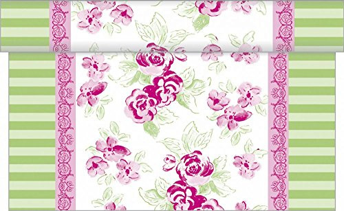 Sovie HOME Tischläufer Country LINE, Verspieltes Rosendesign mit grünen Streifen, Linclass® Airlaid, 40cm x 4,80m, 1 Stück, alle 30cm perforiert, robust, elegant, stoffähnlich, Landhausstil