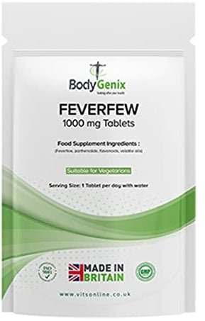Bodygenix Feverfew 1000mg Tablets - Migraine Headaches Relief Joints Health Anti Inflammatory Natural Supplement - 30 Tablets 1 Month Supply