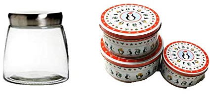 3er Set Metalldose Keksdose ++ 1 Liter Luftdichte Glasdose mit Edelstahldeckel