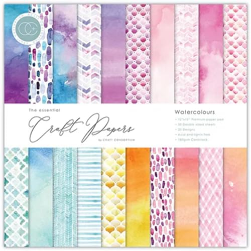 Craft Consortium CCPAD003 Doppelseitiger Papierblock, 30 x 30 cm, Aquarellfarben, Papier, Wasserfarben, 20 Designs, 12-x-12-Inch