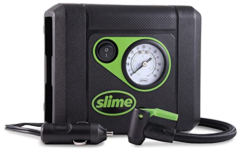 Slime 40060 Tire Inflator, Compact, Portable Car Air Compressor, Analog, Quick Connect Air Hose, Flat Tire Puncture Repair, 12V, 10 min inflation
