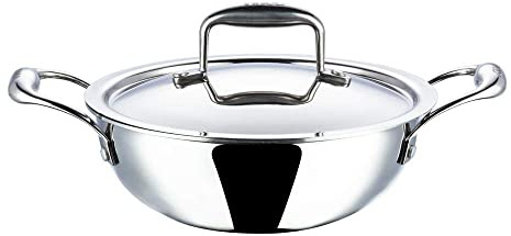 Vinod Platinum Kadai Triply Stainless Steel | Suitable for Indian Cooking, Sauces, Stews, Soups | Deep/Extra Deep Kadai with Lid | Induction, Electric Friendly (Extra Deep Kadai, 24cm)