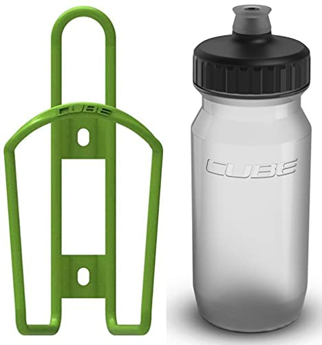 Cube HPA Cage - Matt Green & Feather Bottle - Clear, 750ml / Lightweight Bicycle Cycling Cycle Bike MTB Mountain Road Water Drink Flask Bidon Bracket Mount Holder Carrier Part HPC HPP Set Accessories