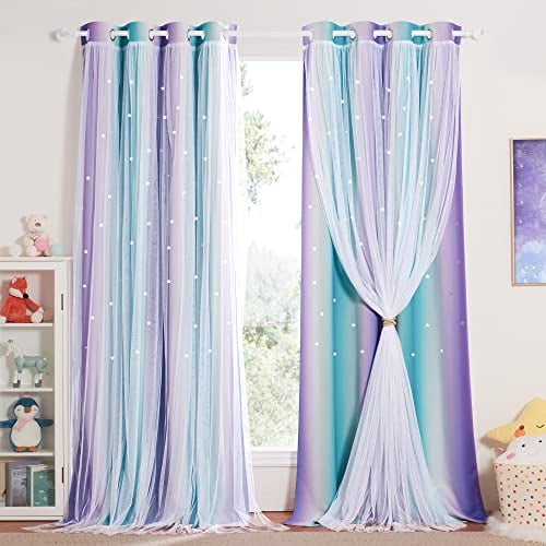 NICETOWN Kinderzimmer Gardinen mit Hohlen Sternen und Voile Verdunkelungsvorhang 2 Stücke Kindervorhänge Junge Dekoration Curtains mit Ösen, H 213 x B 132 cm,Blau+Lila