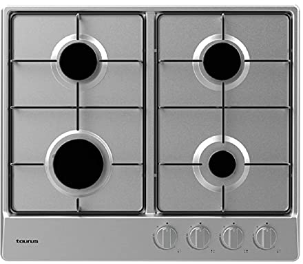 Taurus GI4EB - Placa de gas, 7500W, 4 zonas cocción, mandos mecánicos, llama ajustable, quemador triple rápido 3,3kW, válvulas seguridad, apta para gas butano, acero inoxidable