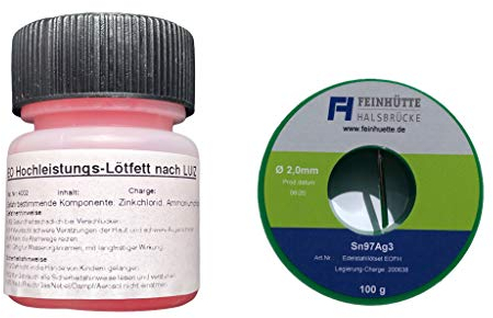 EO-FH Edelstahl Lötset Nr. 10 -EO Hochleistungs-Lötfett nach LUIZ, 30 g in Pinselflasche mit Kindersicherung, für alle gängigen Metalloberflächen incl. Edelstahl + 100 g Lötzinn Legierung Sn97Ag3