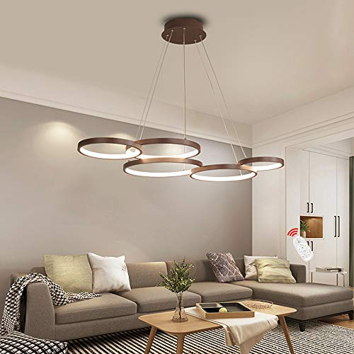 HYQJUNE LED Pendelleuchte 64W Esstisch Kronleuchter Höhenverstellbar Hängeleuchte Wohnzimmerlampe Dimmbar Mit Fernbedienung Moderne Aluminium Ringe Pendellampe Cafe Restaurant Deckenleuchte (5 Ringe)