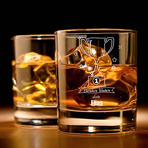Whiskey Glas mit Gravur (Name) I originelle Geschenkidee mit lustigem Bester Papa Pokal Design I Personalisiertes Whiskyglas als Geschenk für Vatertag