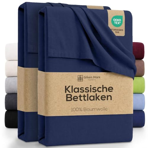 Green Mark Klassische Bettlaken – 2er Pack Flache Laken aus 100 % Baumwolle, ohne Gummi, hautfreundlich, pflegeleicht, bei hohen Temperaturen waschbar - Navy Blau - 150x250 cm