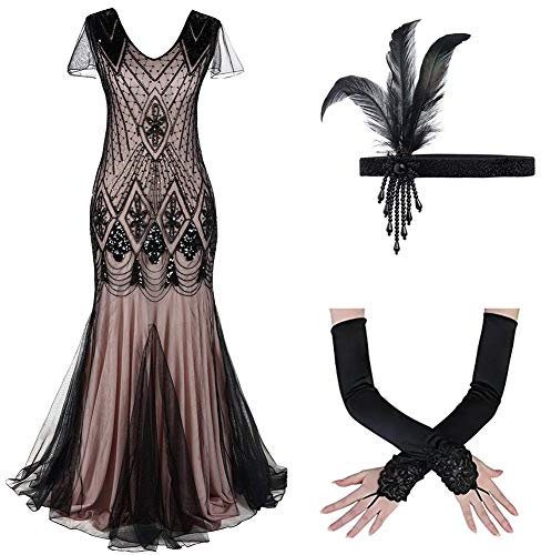 OBEEII Cocktailkleid Abendkleid Damen Gatsby 1920er Jahre Kleid Flapper Fransen Kostüm V Hals Pailletten Kleid Party Ball Latein Abend Art Deco, Farbe 5, Large