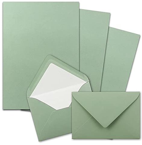 25x Briefpapier-Sets DIN A4 mit C6 gefütterten Briefumschlägen, Nassklebung - Eukalyptus-Grün - mattes Schreibpapier und Kuverts mit weißem Seidenfutter