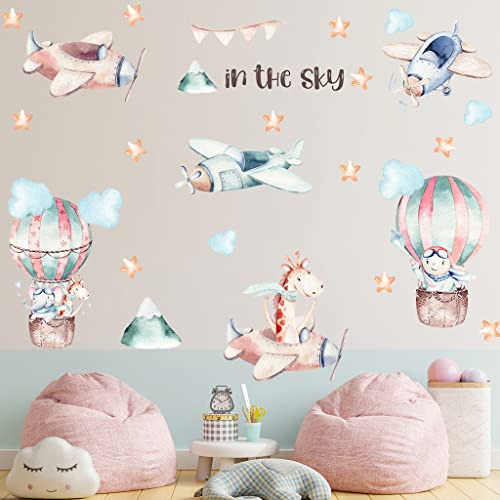 BuerHomie Wandtattoo Kinderzimmer, Tiere am Himmel Wandsticker, Giraffe Elefant Hase Heißluftballon Flugzeug Wandsticker, Wanddeco für baby- & kleinkinderzimmer Jungen Mädchen