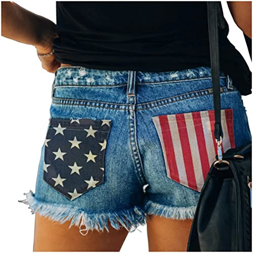 Women's Denim Shorts Low-Rise American Flag Printed Shorts Frayed Raw Hem Casual Jeans Shorts Sexy Mini Hot Pants, Usa Flag Shorts-02, XL