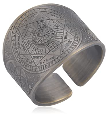 Amaxer Sieben Erzengel Ring für Männer Metatrons Würfel Edelstahl Das Siegel von Solomon Tetragrammaton Erzengel Schutz Verstellbarer Ring Statement Band für Männer Frauen