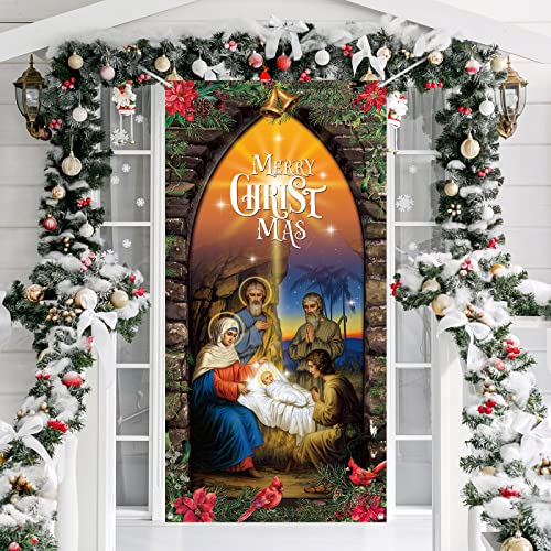 Weihnachten Dekoration Religiös Weihnachten Tür Banner Krippe Haustür Banner zum Aufhängen Weihnachten Foto Hintergrund für Winter Haus Kirche Outdoor Party Zubehör, 70 x 35 Zoll