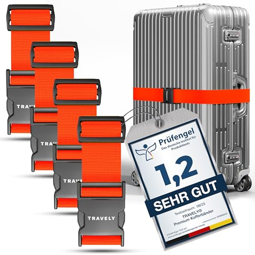 Travely® Premium Koffergurt - Besonders Auffällig & Sicher - Inkl. 4 Namensschildern - Gepäckband ideal über Kreuz - [4er Set] - Orange