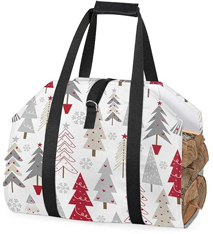 Firewood Log Carrier, Red Christmas Tree Log Carrier Tote Firewood Storage Bag Firewood Holder Fireplace Wood Stove Accessories for Camping BBQ Indoor Outdoor