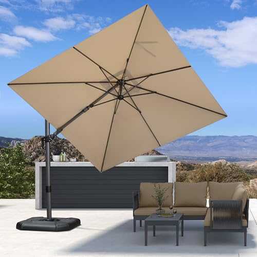 PURPLE LEAF Parasol Déporté 2,7 x 2,7 m avec Pied de Croix, Parasol de Jardin Extérieur en Aluminium Toile Anti-UV avec Inclinable des Deux Côtés et Rotation à 360°, Beige