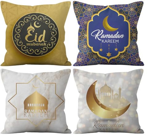 4er Set Ramadan Kissenbezug, 45x45cm Stern Mond Eid Mubarak Zierkissenbezüge Eid Mubarak Werfen Kissen Kissenhülle Bezug Muslim Quadratisch Wurfkissenbezüge Sofakissen Dekokissen für Sofa Bett
