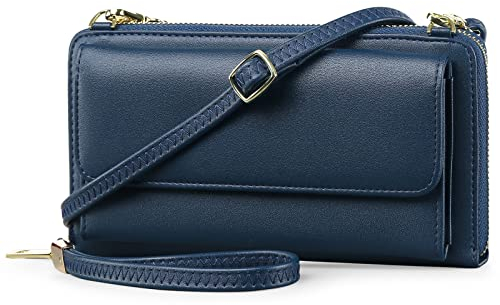 HKCLUF Geldbörse Damen Echtem Leder Wristlet Clutch Handy Portemonnaie Kartenhalter RFID-blockierende Handgelenkstaschen mit Schultergurt geliefert Dunkelblau