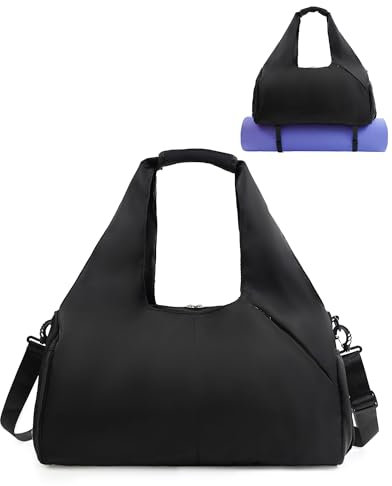 RHDZO Turnbeutel für Damen mit Schuhfach Yogamatten-Tasche mit Nassfach und Wasserflaschenhalter Weekender Tasche mit Schultergurt, Schwarz