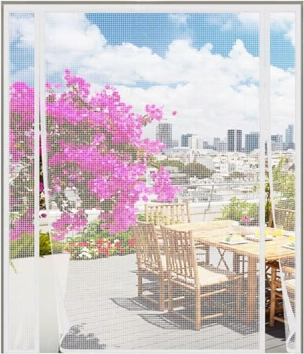 Moustiquaire Porte Magnétique，215x240cm ，Moustiquaire Double porte Fibre de Verre pour Porte de Balcon Porte Cave Porte de Terrasse Portes Coulissantes,Aucun Perçage n'est Nécessaire,Blanc