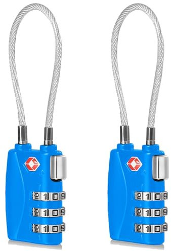 CFMOUR TSA Locks Lot de 2 cadenas de sécurité à combinaison de câble de voyage à 3 chiffres pour valise, valise, sac Bleu
