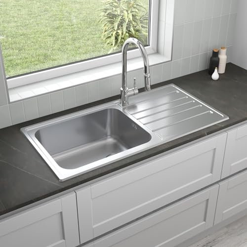 Lussena® 1000 x 500mm Stainless Steel Kitchen Sink Single One 1.0 Bowl Inset Drop in Installation, Right Hand Drainer, 18/8 Grade Steel Sinks, Free Basket Strainer Waste