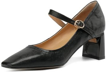 TinaCus Women's Square Toe Genuine Leather Adjustable Strap Buckle Mid Block Heels Handmade Mary Jane Pumps, Black, 5.5