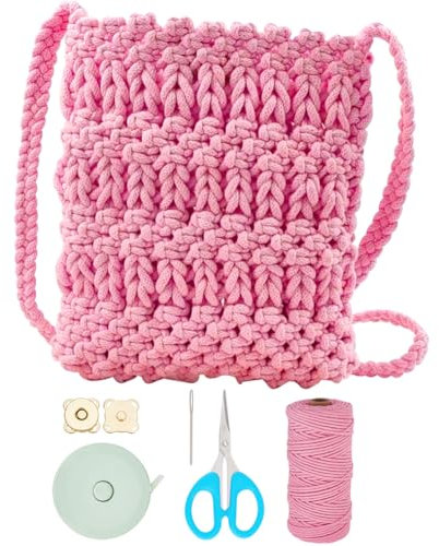 INFUNLY Dunkelrosa DIY Makramee-Taschen-Set Für Erwachsene Anfänger Mädchen Bohemian-Umhängetasche Handgefertigtes Knüpf-Handtaschen-Set Mit Video Und Anleitung Häkeltaschen-Set Für Frauen Urlaubs- Un