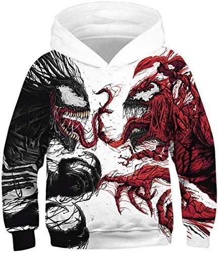 PADOLA Jungen Kapuzenpullover 3D Druck 4-13 Jahren Kinder Hoodie Boys Lustig Gedruckt Langarmshirt Weihnachtspullover Halloween Weihnachten Chirstmas Geschenke (0 Venom Rot, 13-14 Jahre)