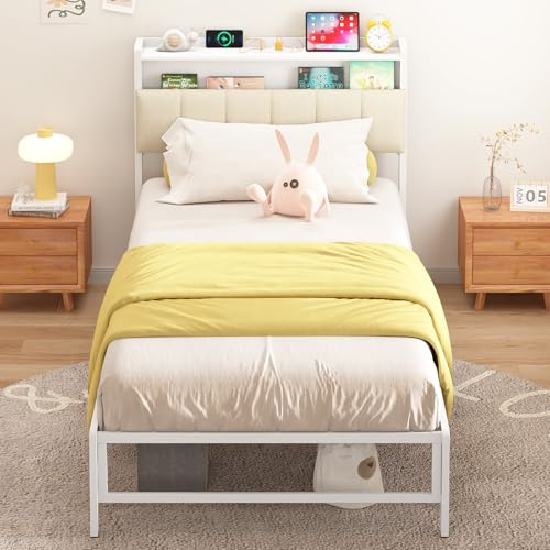 Weehom Telaio per letto singolo con testiera in legno, struttura moderna imbottita con stazione di ricarica, senza bisogno di molle, per bambini