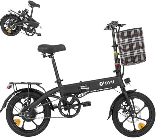 DYU Vélo Électrique Pliant,16 Urbain E-Bike avec Panier Avant Amovible, Pédalage Assisté, Hauteur Réglable, Porte Bagage, Frein à Double Disque, Portable Compact, Adulte Unisexe