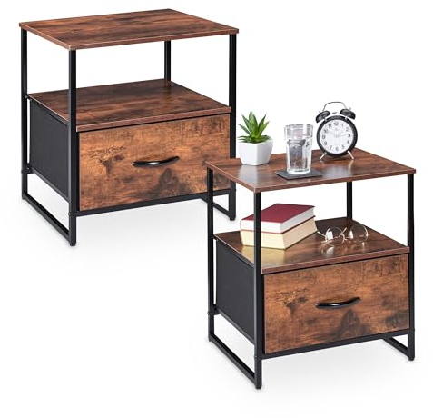 Relaxdays Nachttisch Industrial, 2er Set, HBT 50 x 45 x 42,5 cm, Nachtschrank mit Schublade, Schlafzimmer, schwarz/braun