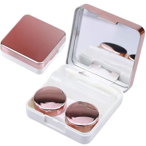 SULIUDAJI Custodia per lenti a contatto, colore oro rosa brillante, set da viaggio con specchio, portalentilla, pinza, applicatore e mini bottiglia portichidico, oro rosa, Astuccio portentino premium