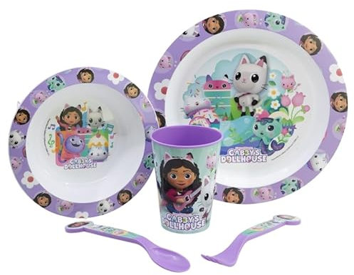 Microwave Safe 5pcs Character Animation 2023 Cartoon Dinner Tableware Set Plate, Bowl, Cup, Fork, Spoon BPA Free re-usable Plastic (Gabby's Dollhouse)