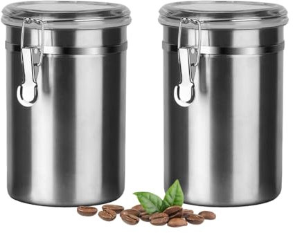 Boîte à Café Hermétique, Conservation en Acier Inoxydable pour Grains de Café avec Couvercle Transparent Bocal Récipient Rangement Cuisine Alimentaires Stockage Thé (Lot de 2 - 1.8L - Argenté)