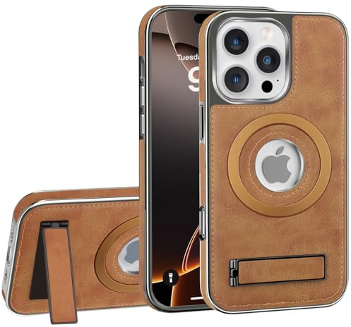 Hulveze Magnetische Lederhülle für iPhone 16 Pro mit Ständer, Integrierter Unsichtbarer Ständer [Kompatibel mit Kabellosem Laden] Schlanke Stoßfeste Schutzhülle für iPhone 16 Pro 2024(Braun)